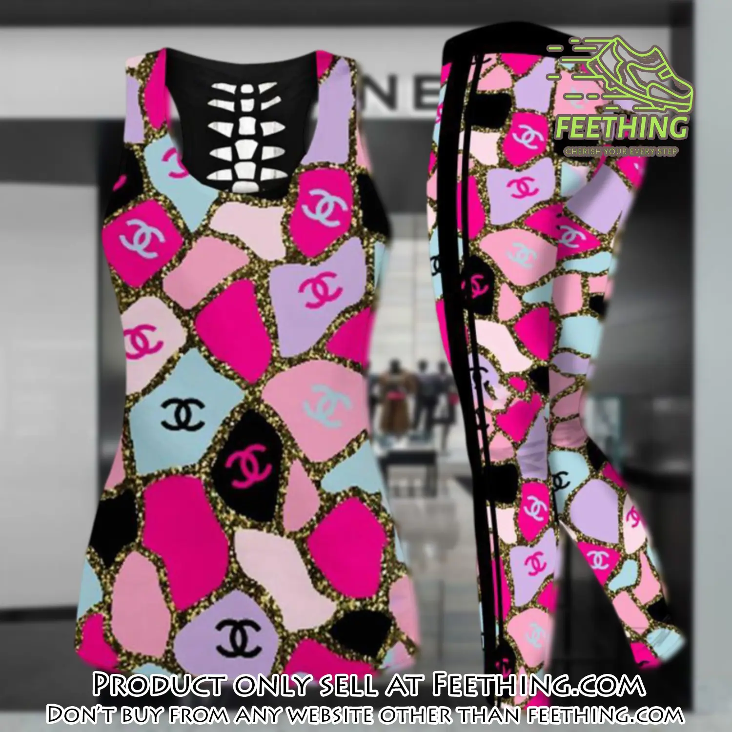 Chanel pink tank top leggings set luxury brand for women yoga gym ft4813184